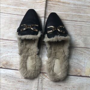 NWOT BCBGeneration Black Faux Fur-Lined Loafer Pointed Mules with Gold Hardware